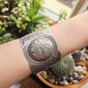 Vintage Mid Century Navajo Solid Copper Silver Plated Cuff Bracelet